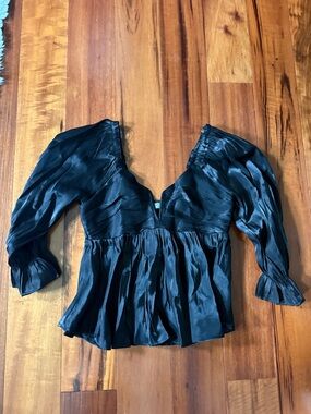 Lavish Black Satin V-Neck Peasant Blouse